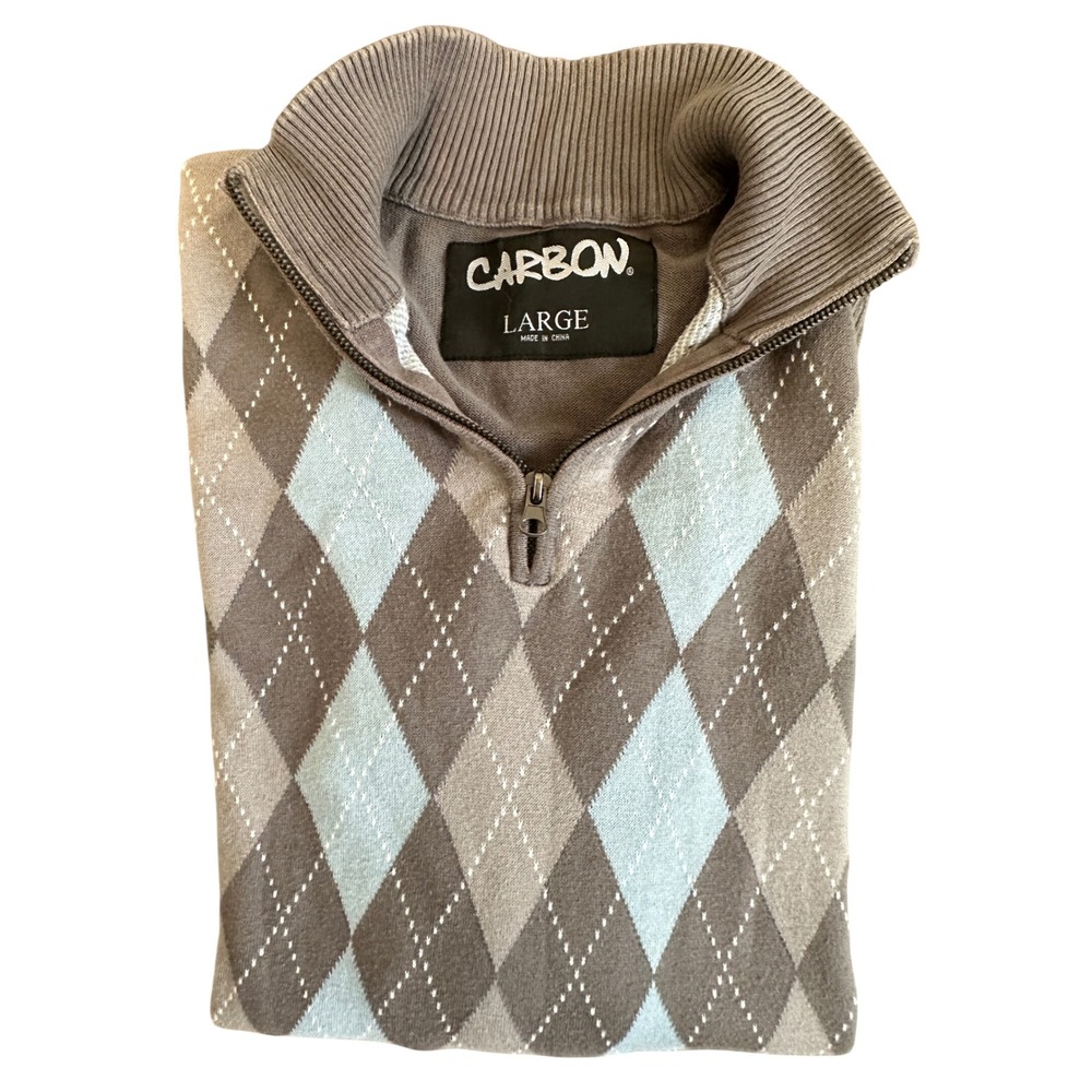 Carbon Mens Quarter Zip Sweater Grey Blue Argyle 100% Cotton Knit Prep Size L